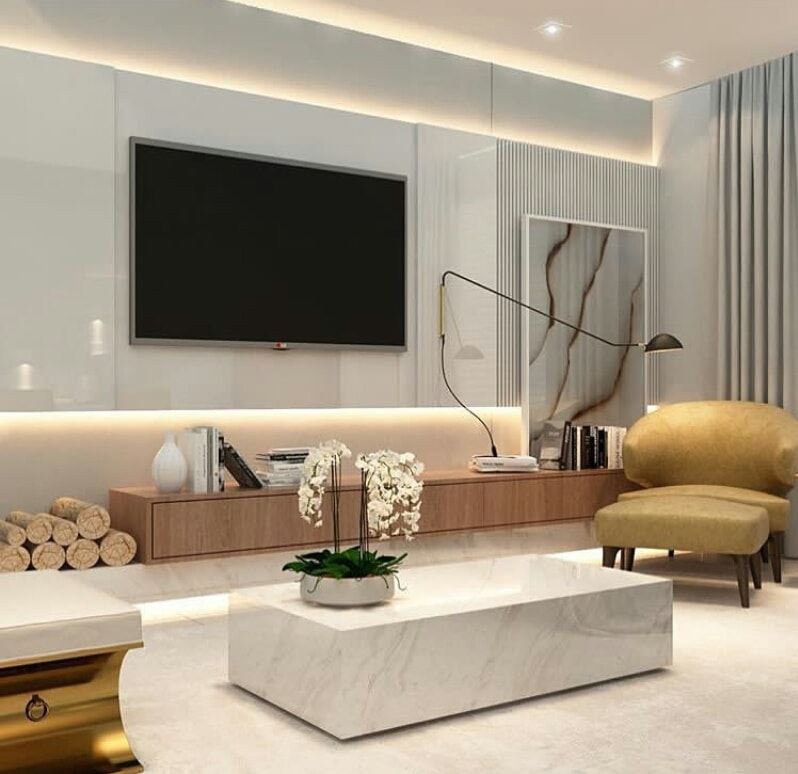 Big television on the wall of a luxurious Brazilian living room