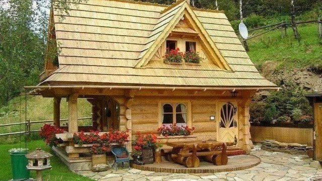 A very dreamy small wooden home with a patio